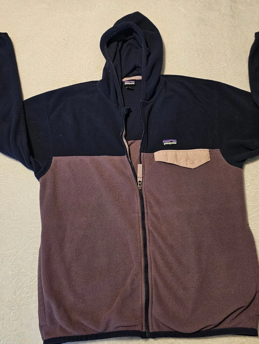 Patagonia Girls XL 14 Micro D Snap-T Full Zip Fleece Hoodie Colorblk Purple Navy